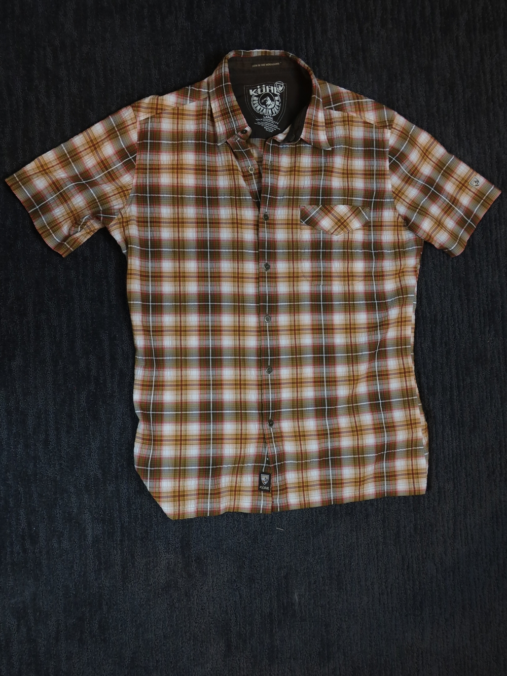 Kuhl Men’s Brown and White Plaid Short-Sleeve Button-Down Shirt.